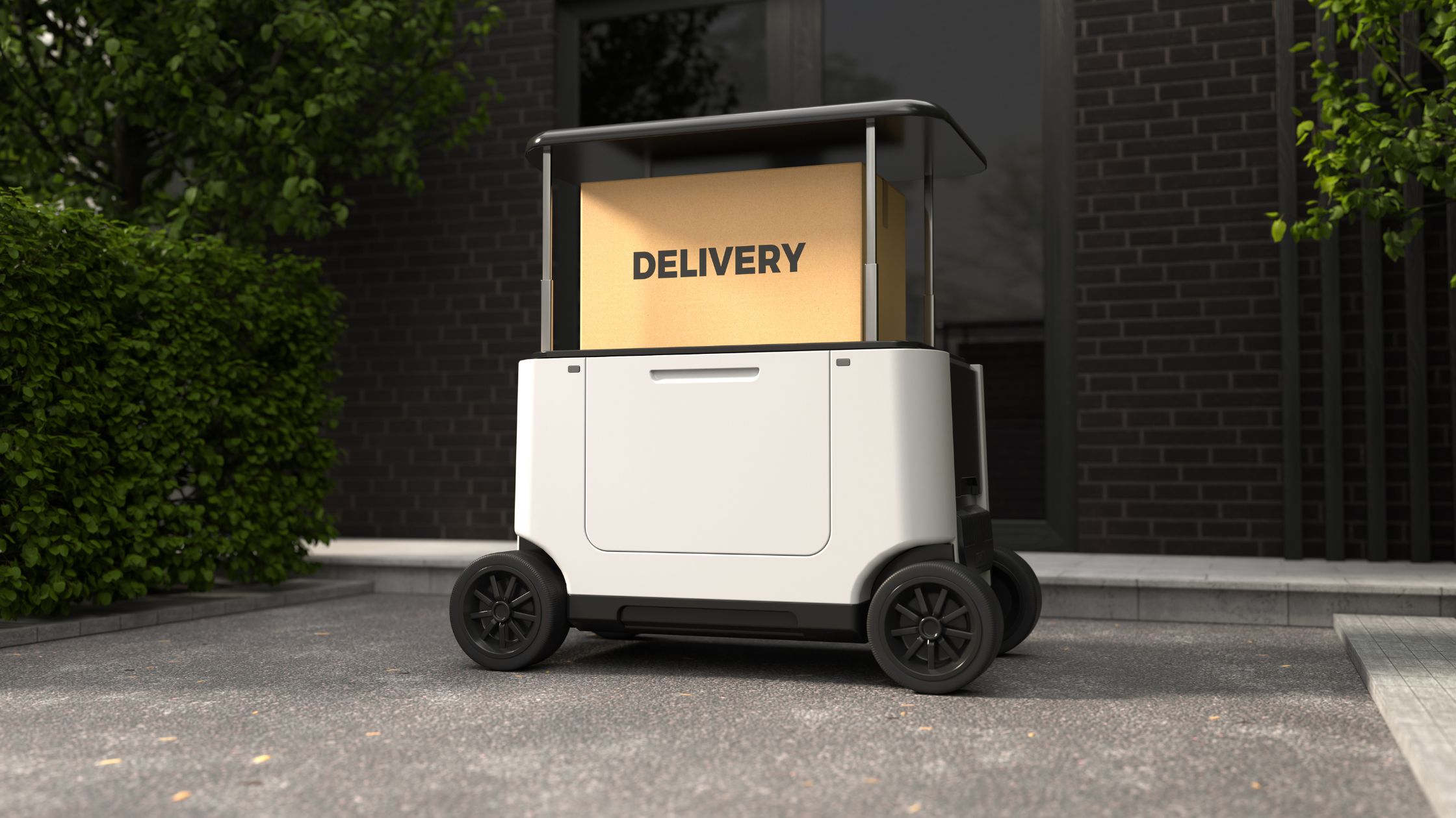 An autonomous delivery robot van with a parcel.